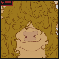 Unshaded drawing of an anthropomorphic highland cow in a doom t-shirt. Her curly hair cover her eyes. There is a hairless rat on her right shoulder. Artfight attack for Arborix.