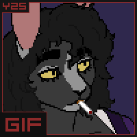 Pixel animation of a dark-furred rabbit smoking. Artfight attack for ekhsvoid.