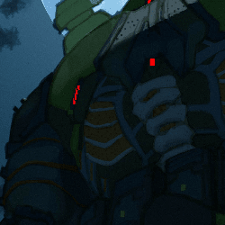 Illustration of Doom Slayer from low angle. The character has rabbit elements, such as fur and tail. Red elements of the suit are glowing.