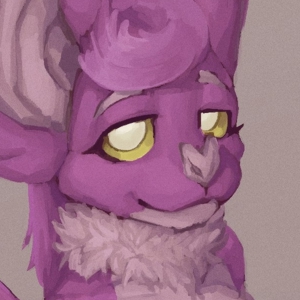 An full-body illustration of an anthropomorphic purple bat with white neck fur and underbelly on a solid colour background. She is looking at the viewer with her yellow eyes and smiling.