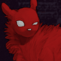 Illustration of an OC red slugcat holding a pearl. It has a fluffy body and holds a yellow pearl in it's hand.